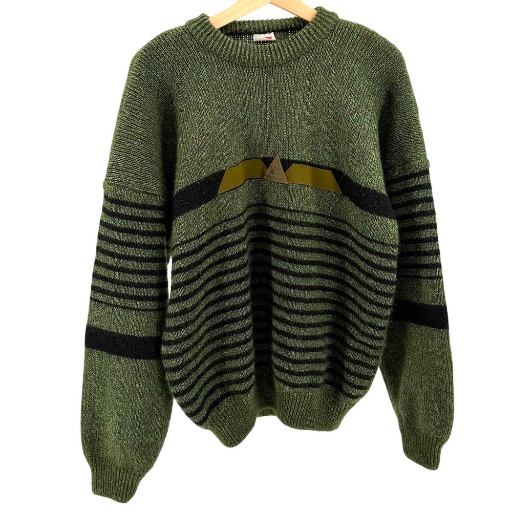 Vintage 80s JAG Forest Green Black Stripe Graphic Trim Acrylic Crewneck Sweater